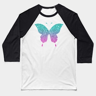 Bright Pink and Teal Ombre Faux Glitter Butterfly Baseball T-Shirt